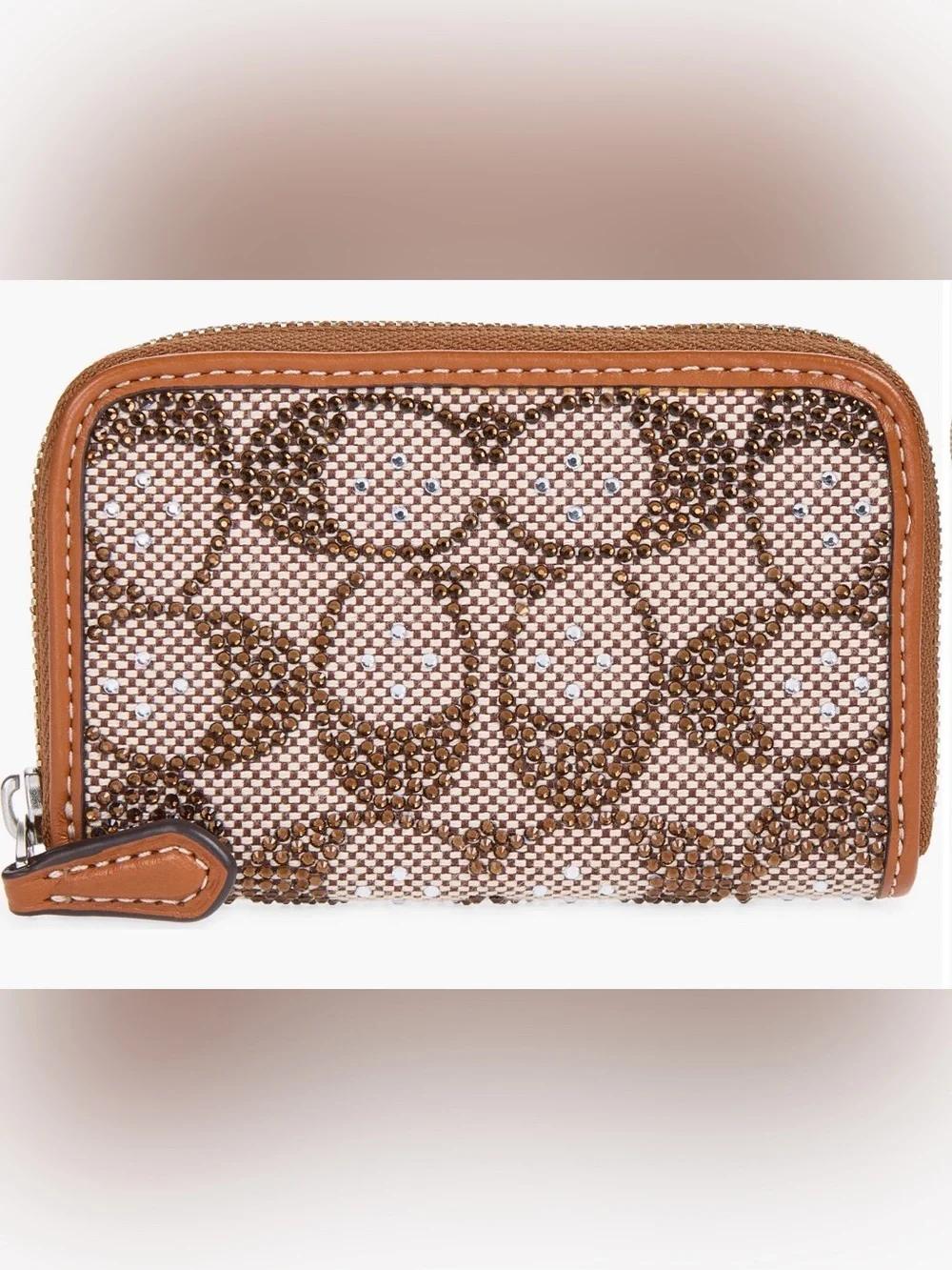 COACH Small Crystal Signature Logo Jacquard Zip Around Card Holder Mushroom